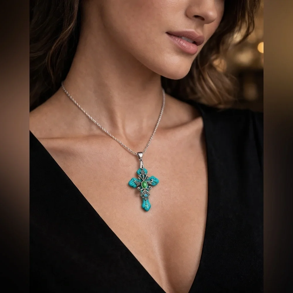 Green Turquoise Cross Pendant With Chain